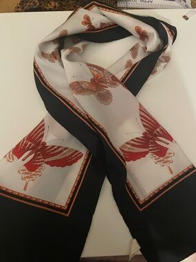 Butterfly Print Black and White Satin Scarf with Red Accents